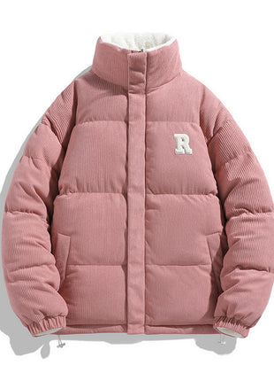Pink puffer jacket with a white 'R' logo on a white background