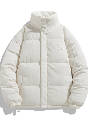 White puffer jacket with a brand logo on a white background