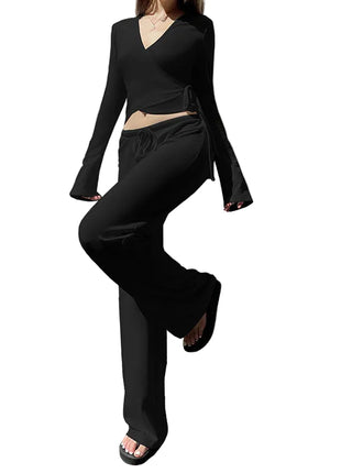 Women's Long Sleeve V-Neck Matching Set with Warm Pants