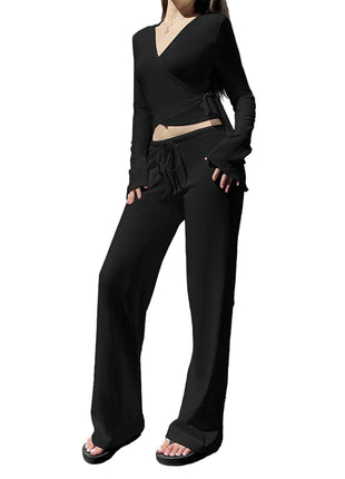 Cozy Knitted Two-Piece Outfit with Cross Wrap Top black