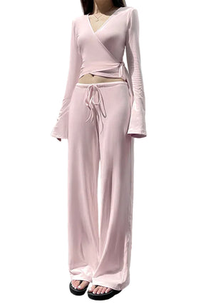 Women's Cross V-Neck Blouse and Fleece-Lined Pants Set in pink blndl