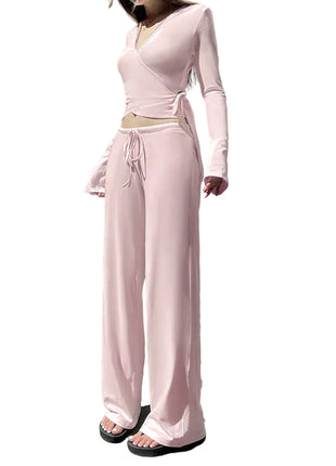 Cross V-Neckline Blouse & Low Waist Fleece-Lined Pants Set pink