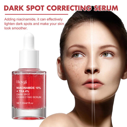 DARK SPOT CORRECTING SERUM with a bottle and a split-face comparison showing before and after effects.