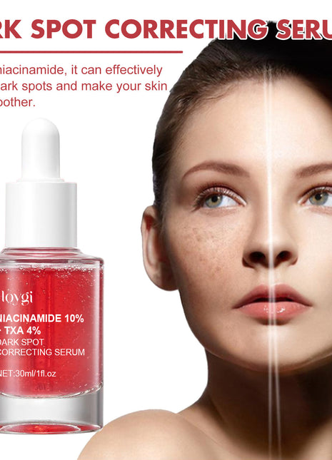 DARK SPOT CORRECTING SERUM with a bottle and a split-face comparison showing before and after effects.