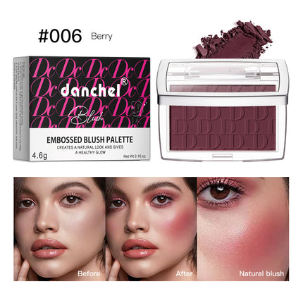 A collage of images showing the Danchel Natural Matte Rouge Blush in various shades, with models demonstrating the natural matte finish and the range of colors available including pink, coral, berry, rosewood, cherry, and mahogany.