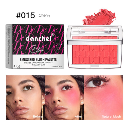 A collage of images showing the Danchel Natural Matte Rouge Blush in various shades, with models demonstrating the natural matte finish and the range of colors available including pink, coral, berry, rosewood, cherry, and mahogany.