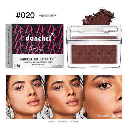 A collage of images showing the Danchel Natural Matte Rouge Blush in various shades, with models demonstrating the natural matte finish and the range of colors available including pink, coral, berry, rosewood, cherry, and mahogany.