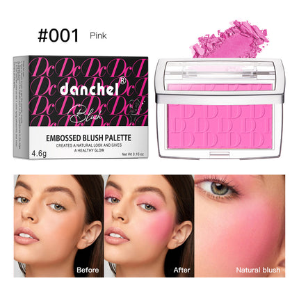 A collage of images showing the Danchel Natural Matte Rouge Blush in various shades, with models demonstrating the natural matte finish and the range of colors available including pink, coral, berry, rosewood, cherry, and mahogany.