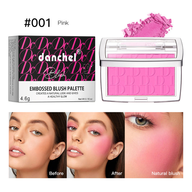A collage of images showing the Danchel Natural Matte Rouge Blush in various shades, with models demonstrating the natural matte finish and the range of colors available including pink, coral, berry, rosewood, cherry, and mahogany.
