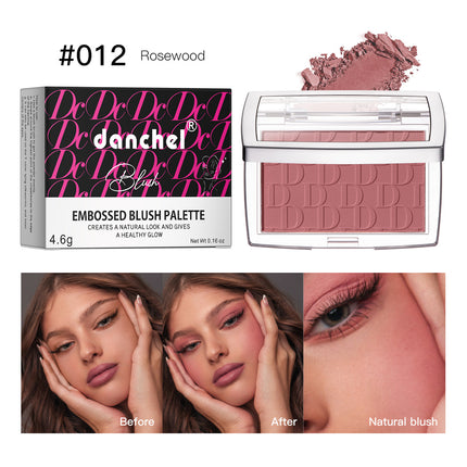 A collage of images showing the Danchel Natural Matte Rouge Blush in various shades, with models demonstrating the natural matte finish and the range of colors available including pink, coral, berry, rosewood, cherry, and mahogany.