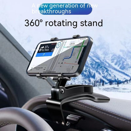 360-degree rotating phone stand in a car with a snowy landscape background