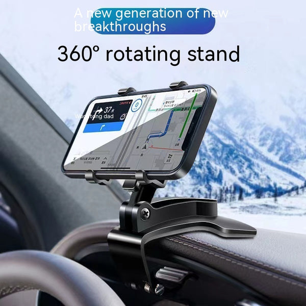 360-degree rotating phone stand in a car with a snowy landscape background