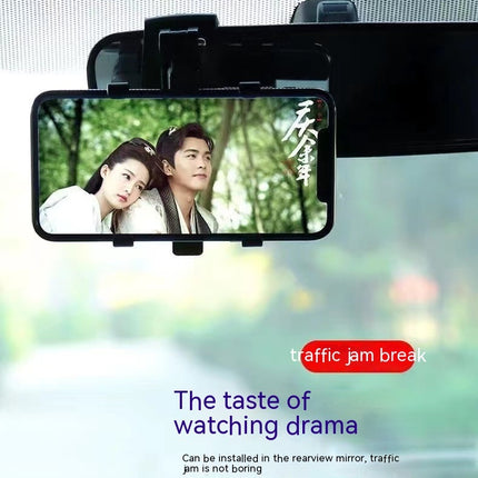 Car rearview mirror with a mounted screen displaying a drama scene, with text indicating it's for traffic jam breaks.