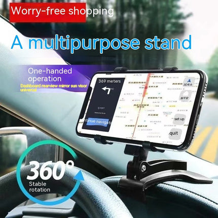 Phone holder in a car with text highlighting features like '360° stable rotation' and 'worry-free shopping'.