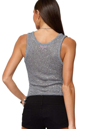 Deep U neck camisole top for women featuring lightweight acrylic fabric and sparkling details.