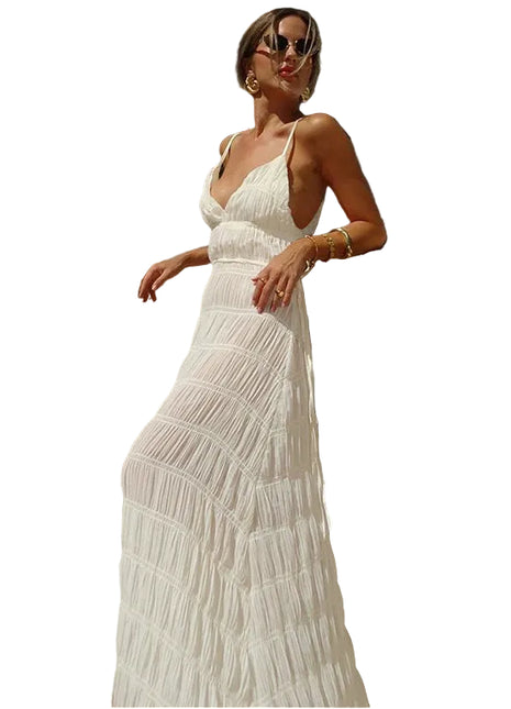 White Lace-Up Sling Dress for Resort Wear