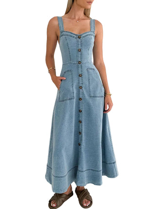 Women's Denim Backless High Waist Midi Dress
