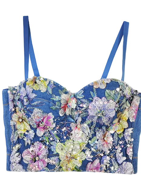 Denim blue cotton corset top featuring structured one-piece cups and a flattering slim-fit silhouette.