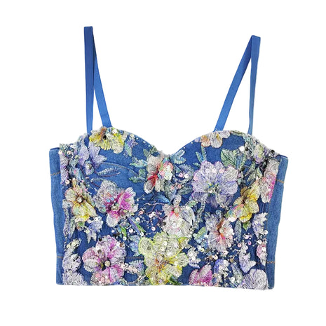 Denim blue cotton corset top featuring structured one-piece cups and a flattering slim-fit silhouette.