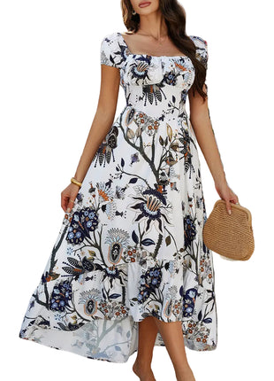 Vestido de manga corta con estampado floral de diseño contrastante