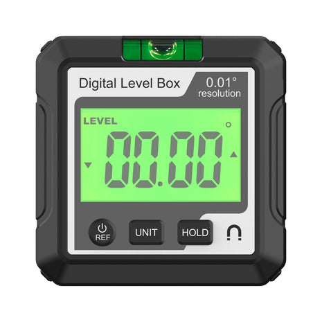 Digital level box with green display on a white background