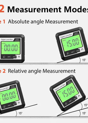 Digital level box with two measurement modes on a white background
