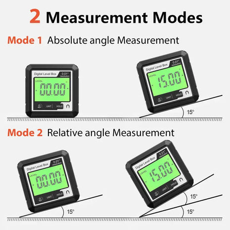 Digital level box with two measurement modes on a white background