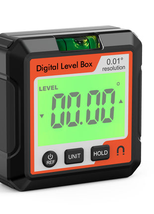 Digital level box with digital display and screwdriver on a white background