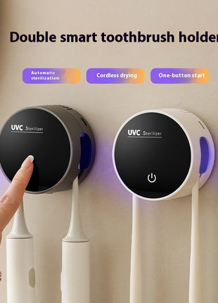 Double smart toothbrush holder with UVC sterilizer feature on a neutral background