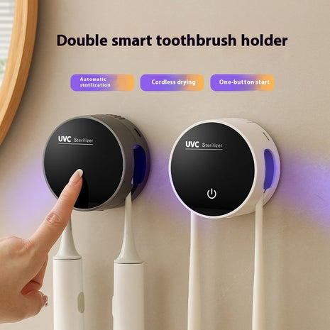 Double smart toothbrush holder with UVC sterilizer feature on a neutral background