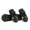 Black dog boots with yellow paw prints on a white background