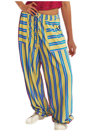 Colorful striped pants worn by a person on a white background blndl