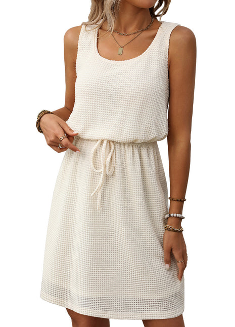 Women’s drawstring waist casual dress featuring lined fabric and comfortable sleeveless style.