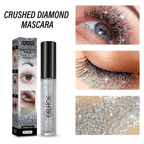Eelhoe crushed diamond mascara with packaging and close-up shots of application on eyes.