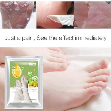 Exfoliating foot mask packaging with before and after effects on feet.