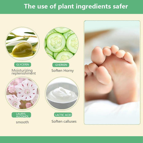 Product packaging with plant ingredients and their benefits, featuring a close-up of baby feet.