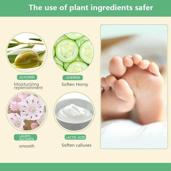 Product packaging with plant ingredients and their benefits, featuring a close-up of baby feet.