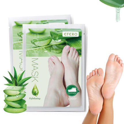 EFERO foot mask packaging with aloe vera illustration and a pair of feet.