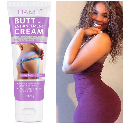 Elaimei Butt Enhancement Cream with a model in a purple dress on a beige background