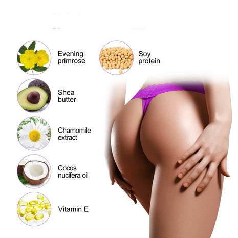 Woman's legs with cosmetic ingredients listed on a white background