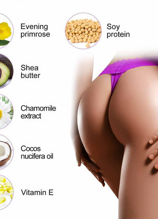 Woman's legs with cosmetic ingredients listed on a white background