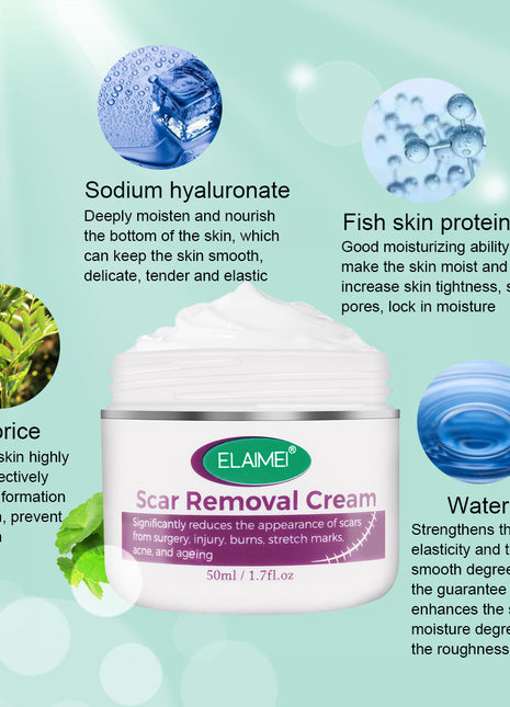 Elайте Scar Removal Cream with ingredients listed on a light green background