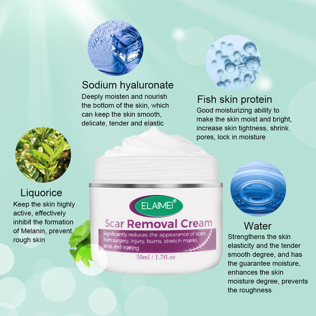 Elайте Scar Removal Cream with ingredients listed on a light green background