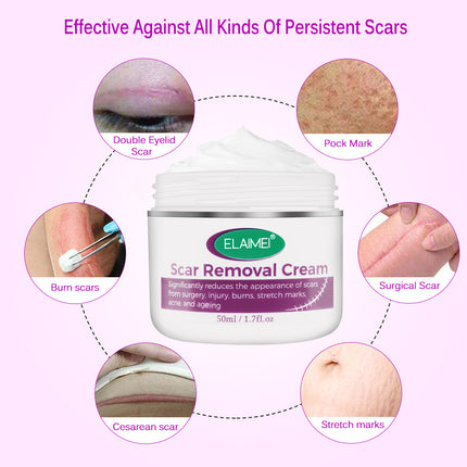 Scar removal cream jar with images of scars and a pink background