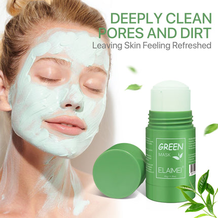 Woman with green facial mask and green skincare product with 'ELAIMEI' branding.