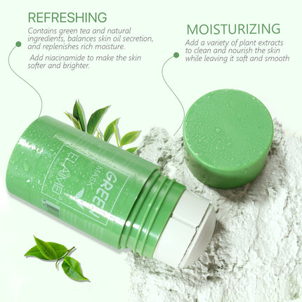 Green skincare product with text on refreshing and moisturizing benefits, surrounded by green leaves.