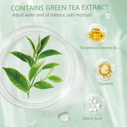 Product packaging with green tea leaves and ingredients on a green background