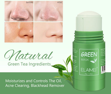 Green face mask stick with before and after skin comparison on a white background
