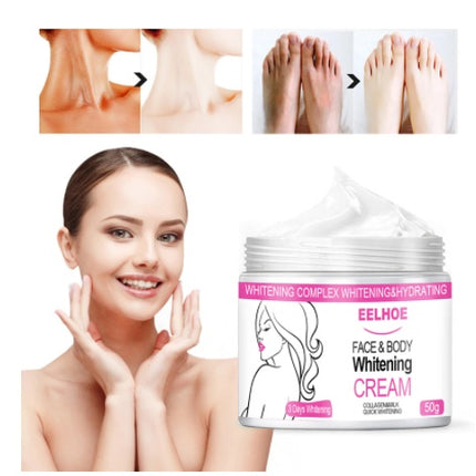 ELHOE Face & Body Whitening Cream packaging with before and after images of skin and feet.
