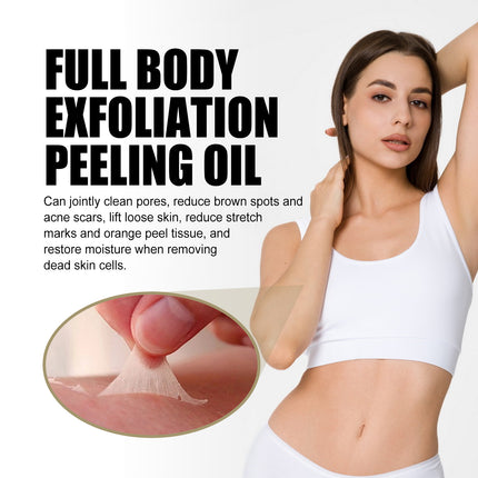 Woman with smooth skin and exfoliation peeling oil text on a white background